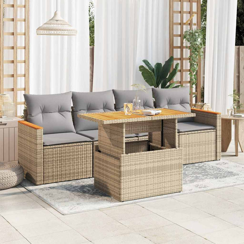 vidaXL 5 Piece Garden Sofa Set with Cushions Beige Poly Rattan Acacia