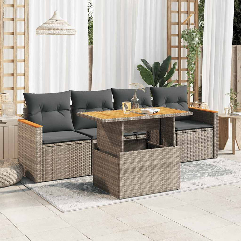 5 Piece Garden Sofa Set with Cushions Grey Poly Rattan Acacia