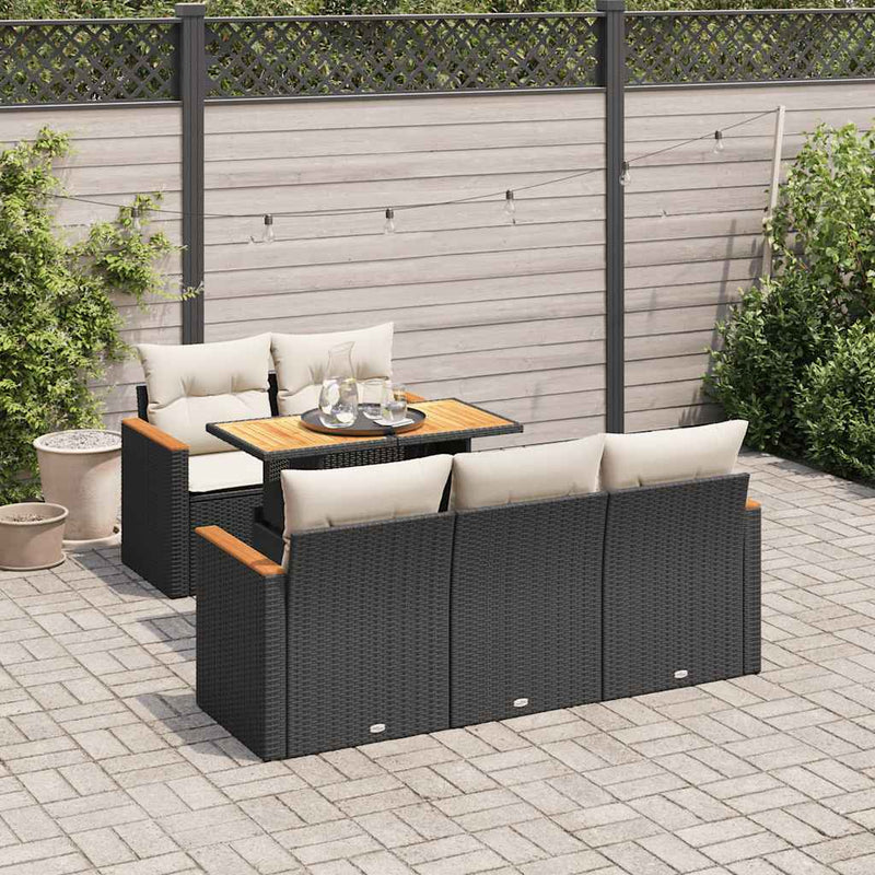 vidaXL 6 Piece Garden Sofa Set with Cushions Black Poly Rattan Acacia