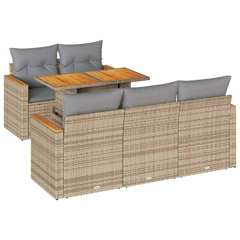 vidaXL 6 Piece Garden Sofa Set with Cushions Beige Poly Rattan Acacia