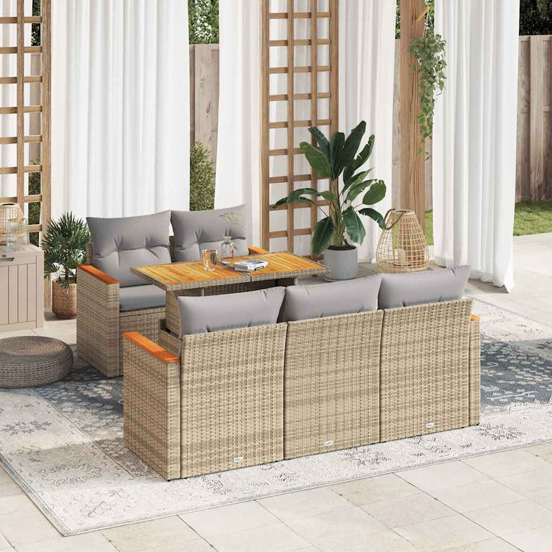 6 Piece Garden Sofa Set with Cushions Beige Poly Rattan Acacia