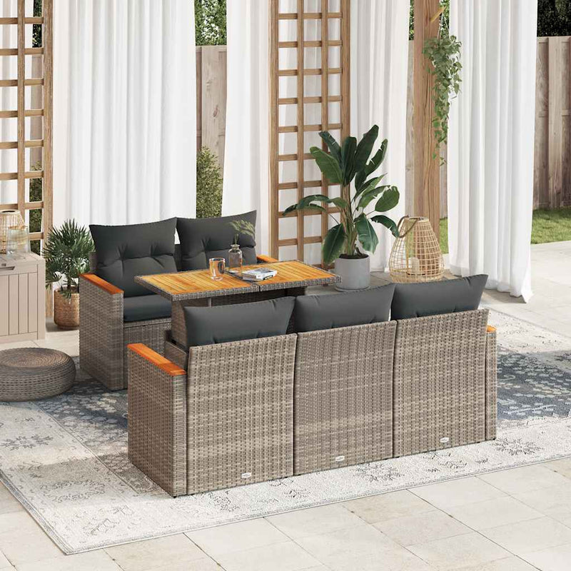 6 Piece Garden Sofa Set with Cushions Grey Poly Rattan Acacia