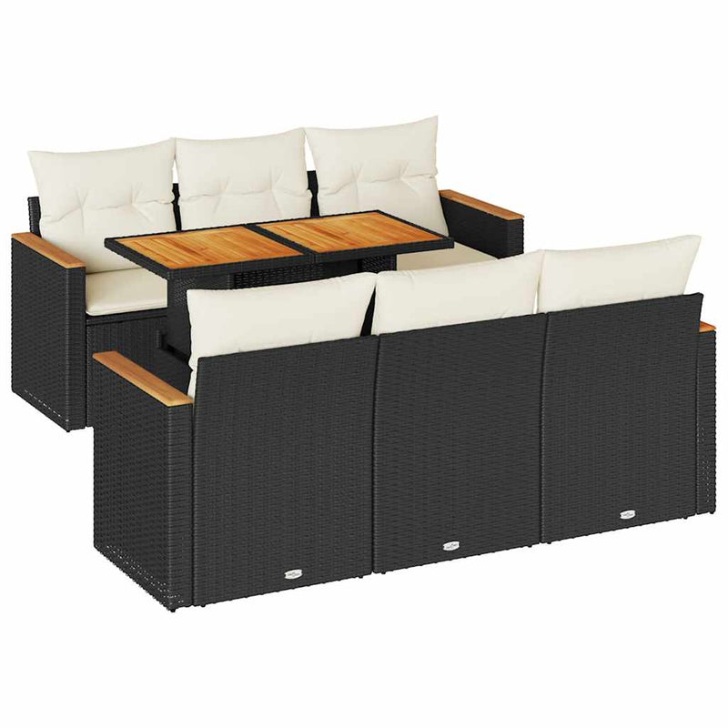 vidaXL 7 Piece Garden Sofa Set with Cushions Black Poly Rattan Acacia
