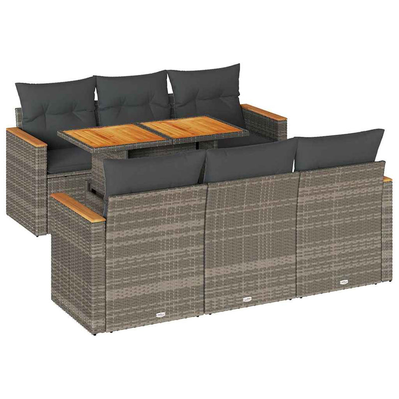 7 Piece Garden Sofa Set with Cushions Grey Poly Rattan Acacia