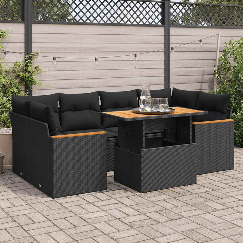 6 Piece Garden Sofa Set with Cushions Black Poly Rattan Acacia