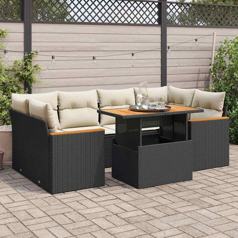 6 Piece Garden Sofa Set with Cushions Black Poly Rattan Acacia