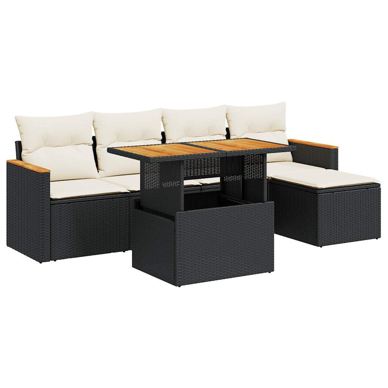 6 Piece Garden Sofa Set with Cushions Black Poly Rattan Acacia