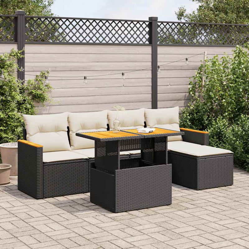 6 Piece Garden Sofa Set with Cushions Black Poly Rattan Acacia