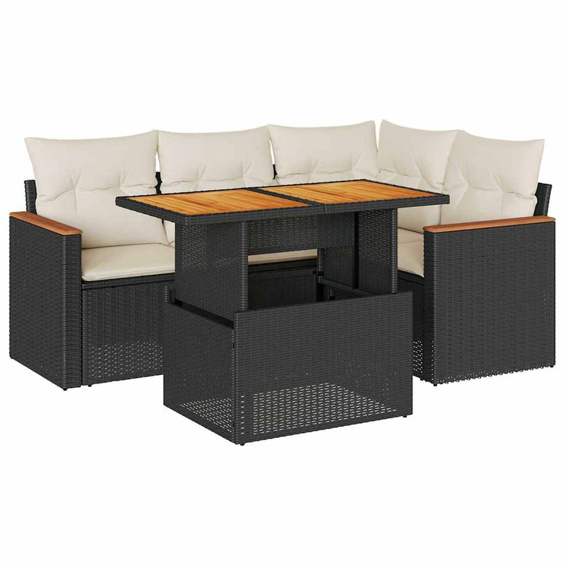 vidaXL 5 Piece Garden Sofa Set with Cushions Black Poly Rattan Acacia