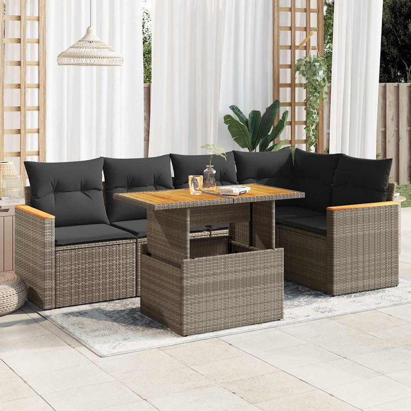 5 Piece Garden Sofa Set with Cushions Grey Poly Rattan Acacia