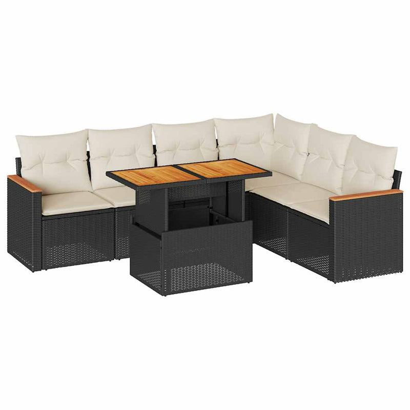 vidaXL 7 Piece Garden Sofa Set with Cushions Black Poly Rattan Acacia