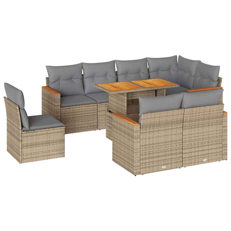 9 Piece Garden Sofa Set with Cushions Beige Poly Rattan Acacia