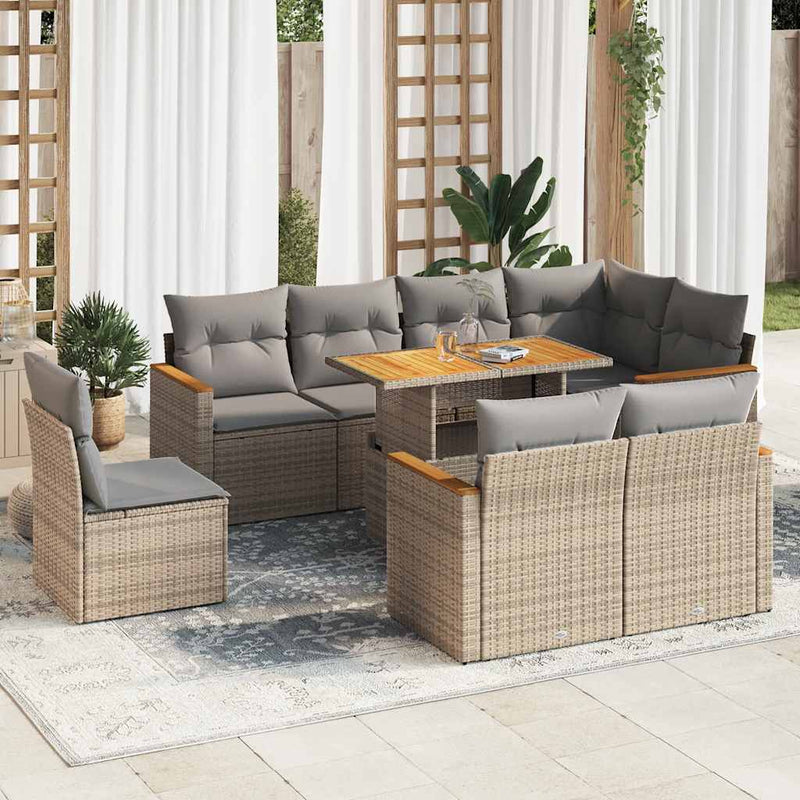 vidaXL 9 Piece Garden Sofa Set with Cushions Beige Poly Rattan Acacia