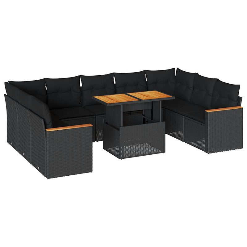 vidaXL 10 Piece Garden Sofa Set with Cushions Black Poly Rattan Acacia