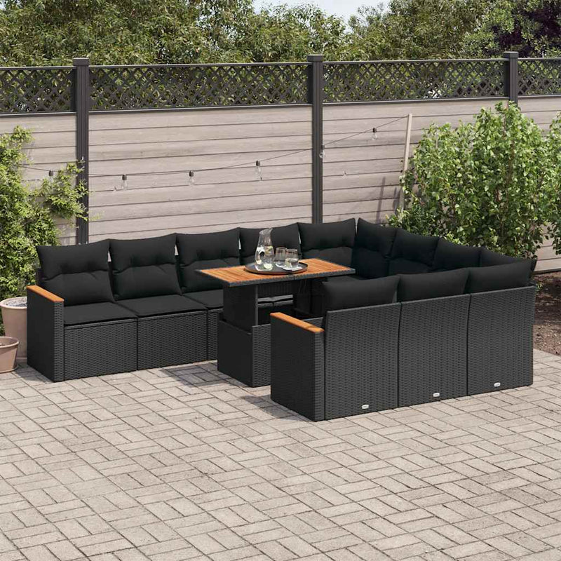 11 Piece Garden Sofa Set with Cushions Black Poly Rattan Acacia