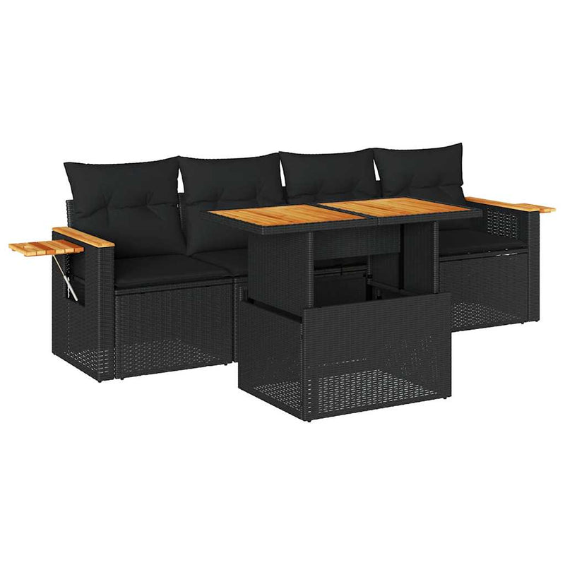 vidaXL 5 Piece Garden Sofa Set with Cushions Black Poly Rattan Acacia