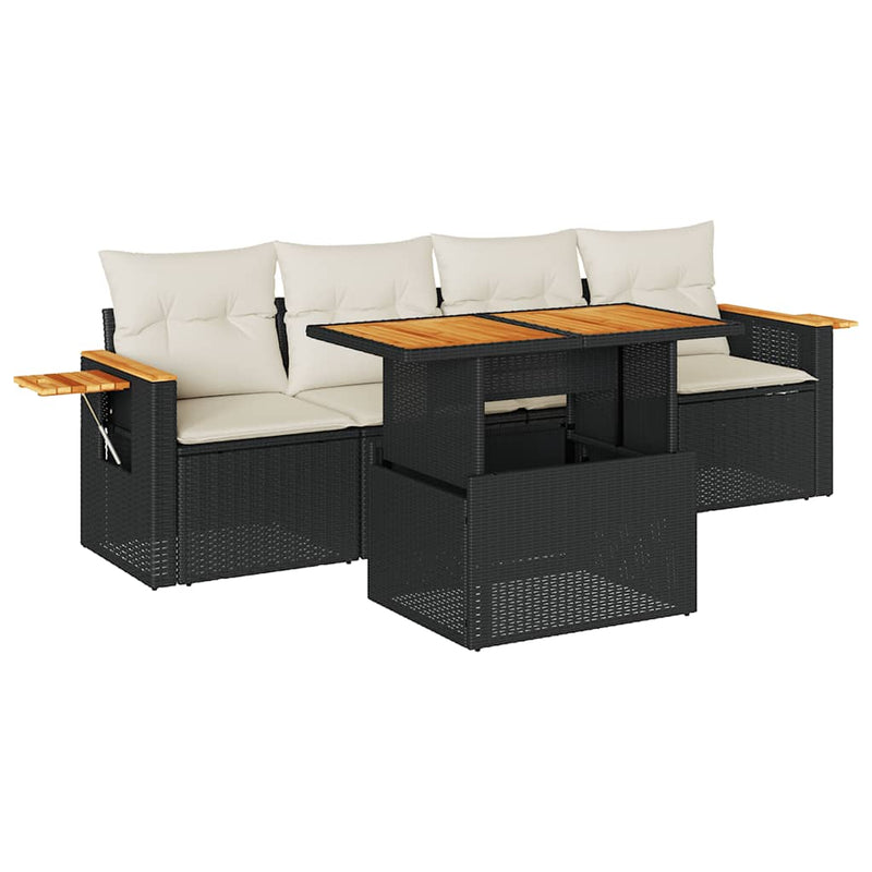vidaXL 5 Piece Garden Sofa Set with Cushions Black Poly Rattan Acacia
