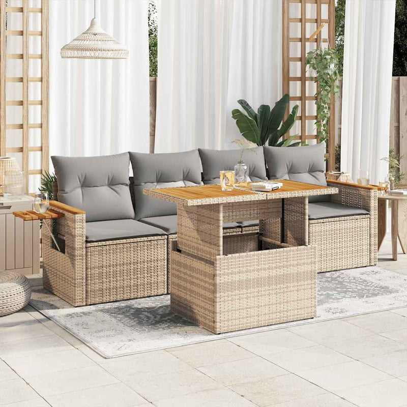 5 Piece Garden Sofa Set with Cushions Beige Poly Rattan Acacia