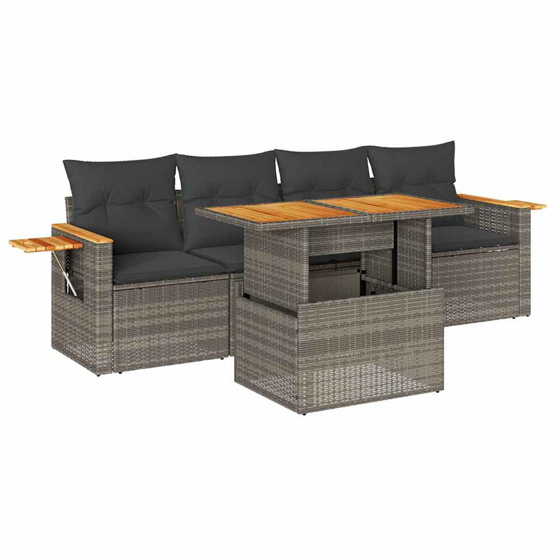 5 Piece Garden Sofa Set with Cushions Grey Poly Rattan Acacia