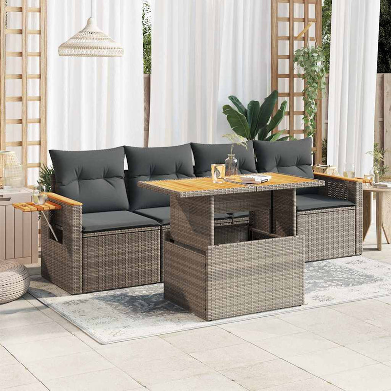 5 Piece Garden Sofa Set with Cushions Grey Poly Rattan Acacia