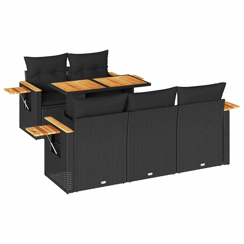 vidaXL 6 Piece Garden Sofa Set with Cushions Black Poly Rattan Acacia
