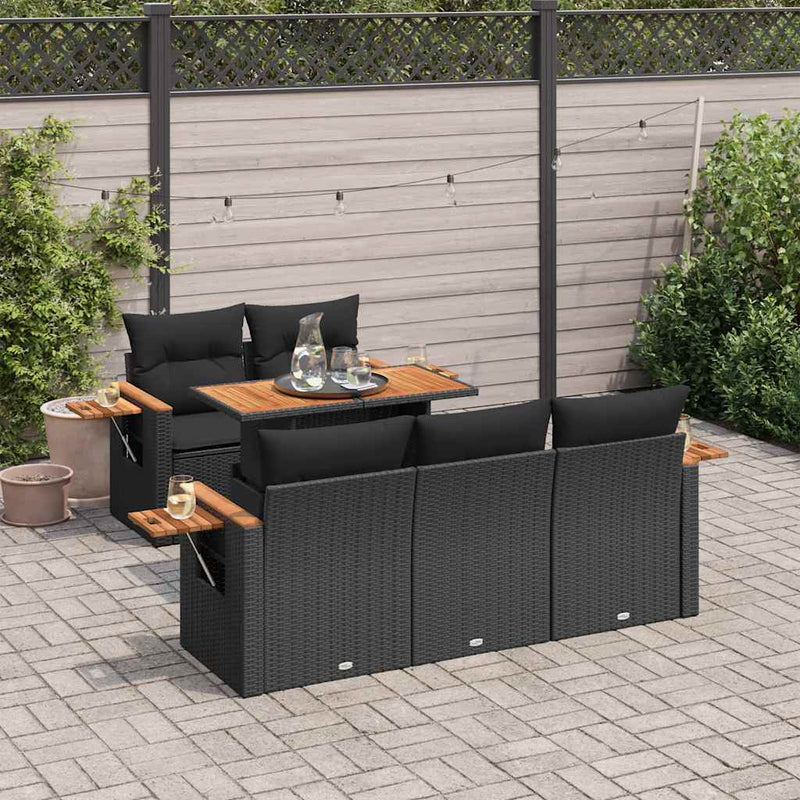 vidaXL 6 Piece Garden Sofa Set with Cushions Black Poly Rattan Acacia