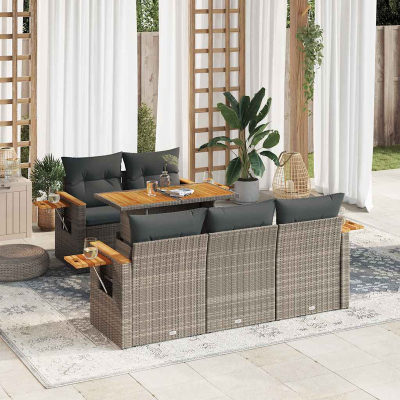 6 Piece Garden Sofa Set with Cushions Grey Poly Rattan Acacia