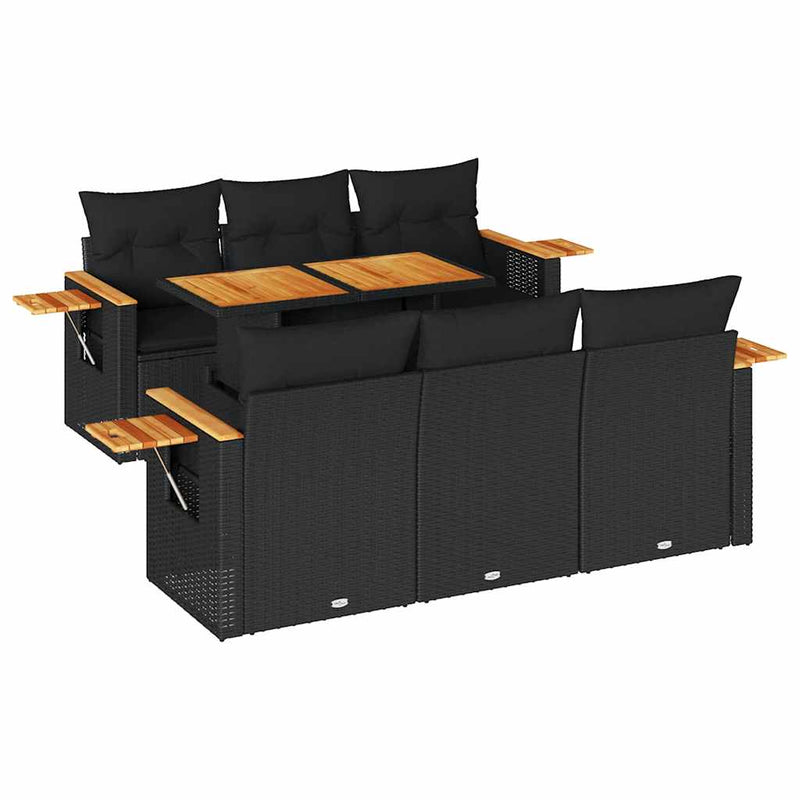 vidaXL 7 Piece Garden Sofa Set with Cushions Black Poly Rattan Acacia