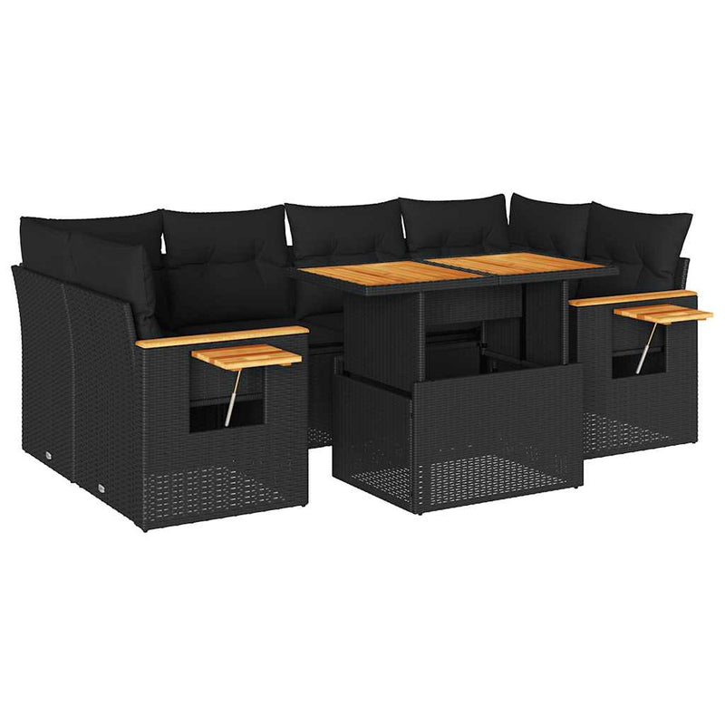 vidaXL 7 Piece Garden Sofa Set with Cushions Black Poly Rattan Acacia