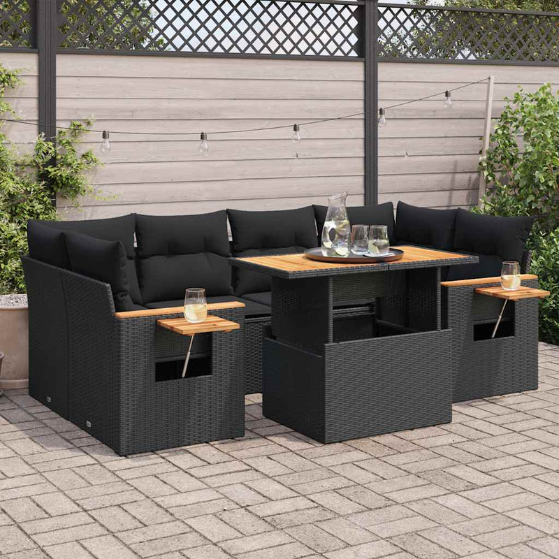 vidaXL 7 Piece Garden Sofa Set with Cushions Black Poly Rattan Acacia