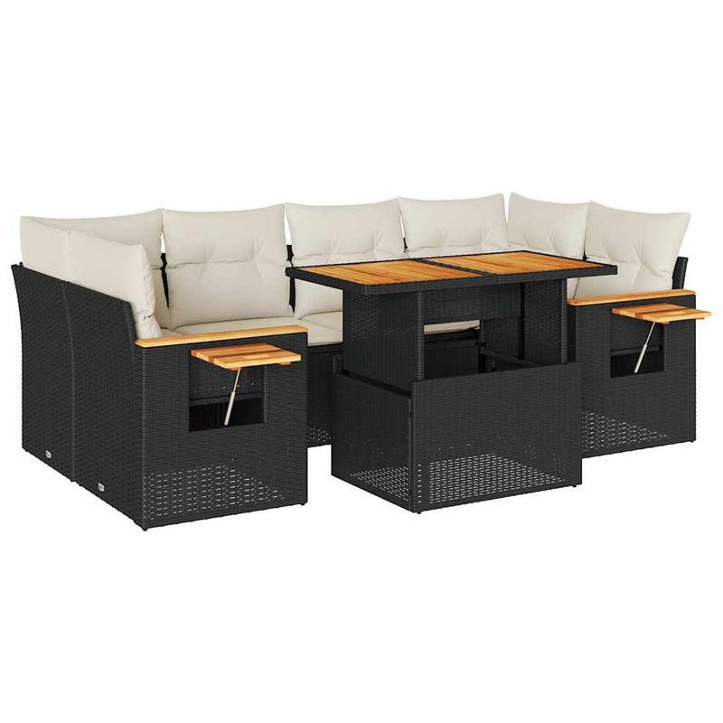 vidaXL 7 Piece Garden Sofa Set with Cushions Black Poly Rattan Acacia