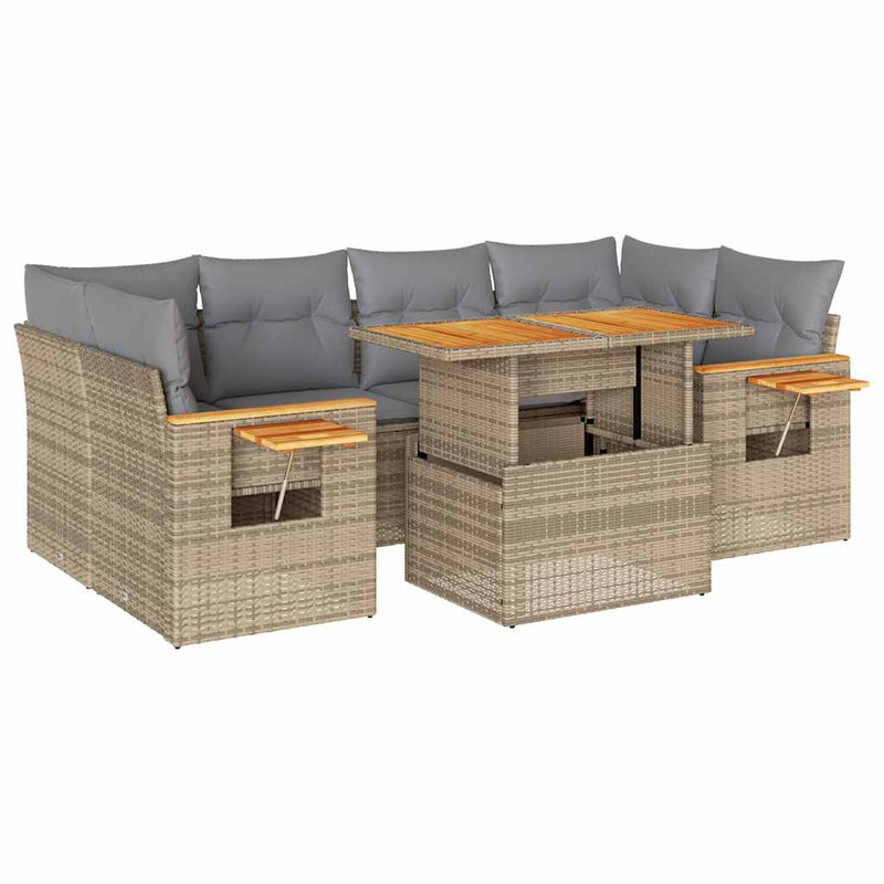 7 Piece Garden Sofa Set with Cushions Beige Poly Rattan Acacia