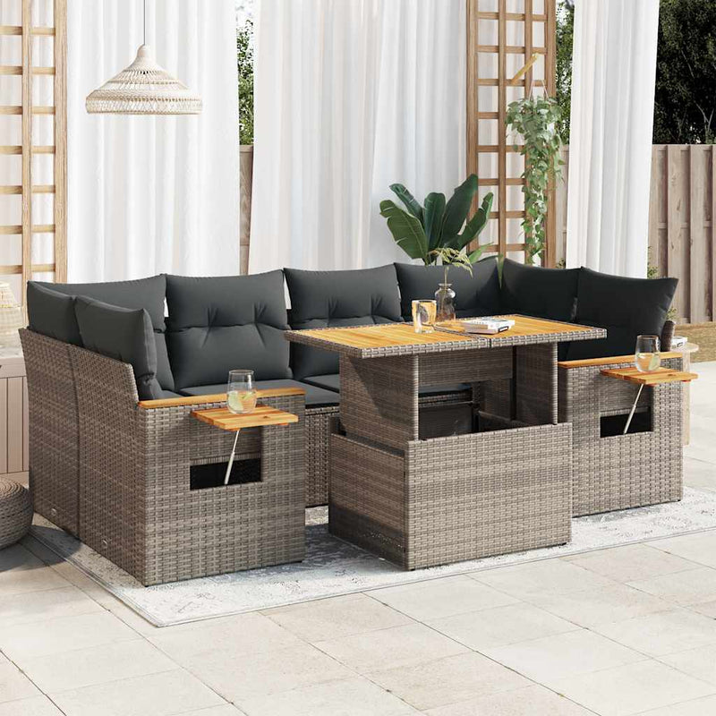 vidaXL 7 Piece Garden Sofa Set with Cushions Grey Poly Rattan Acacia