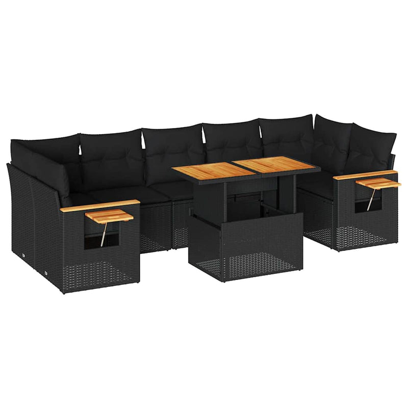 vidaXL 8 Piece Garden Sofa Set with Cushions Black Poly Rattan Acacia