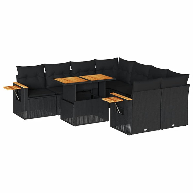 vidaXL 9 Piece Garden Sofa Set with Cushions Black Poly Rattan Acacia