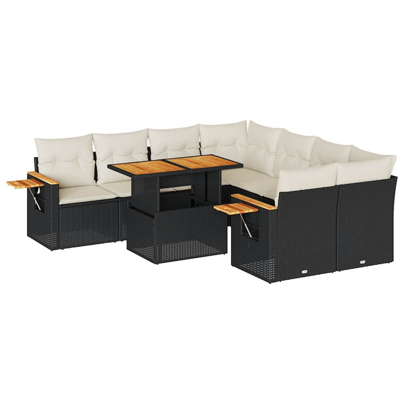 vidaXL 9 Piece Garden Sofa Set with Cushions Black Poly Rattan Acacia