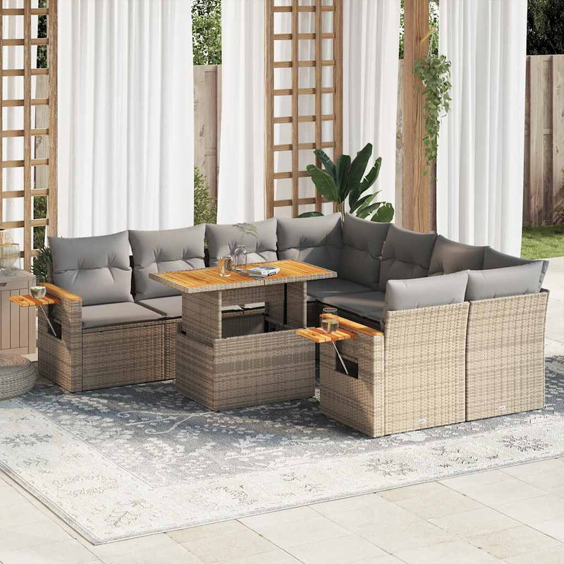 9 Piece Garden Sofa Set with Cushions Beige Poly Rattan Acacia