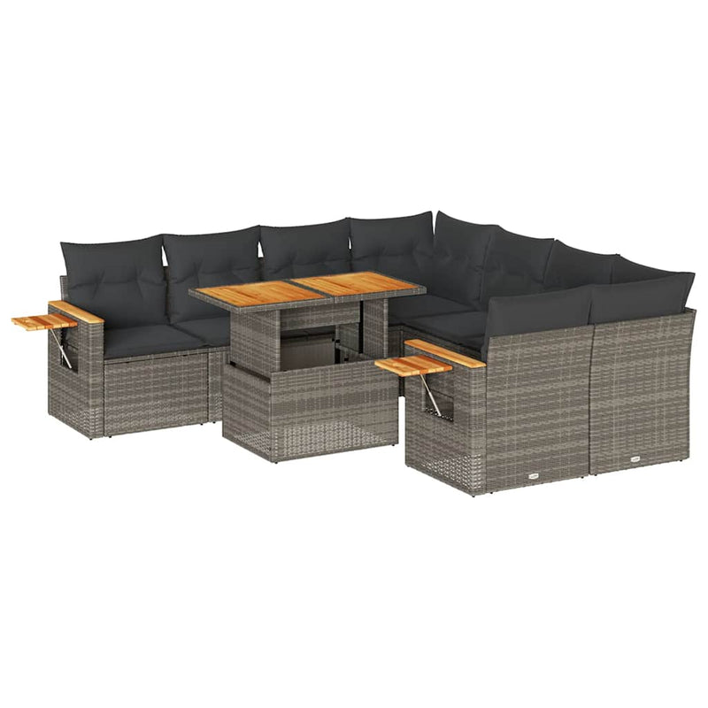 vidaXL 9 Piece Garden Sofa Set with Cushions Grey Poly Rattan Acacia