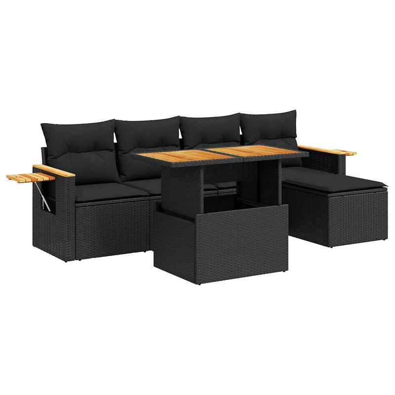 vidaXL 6 Piece Garden Sofa Set with Cushions Black Poly Rattan Acacia