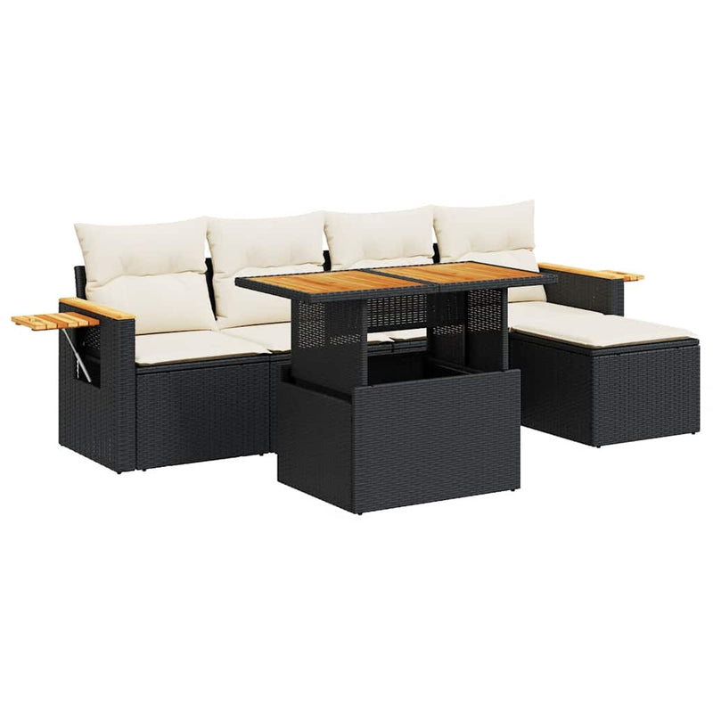 vidaXL 6 Piece Garden Sofa Set with Cushions Black Poly Rattan Acacia