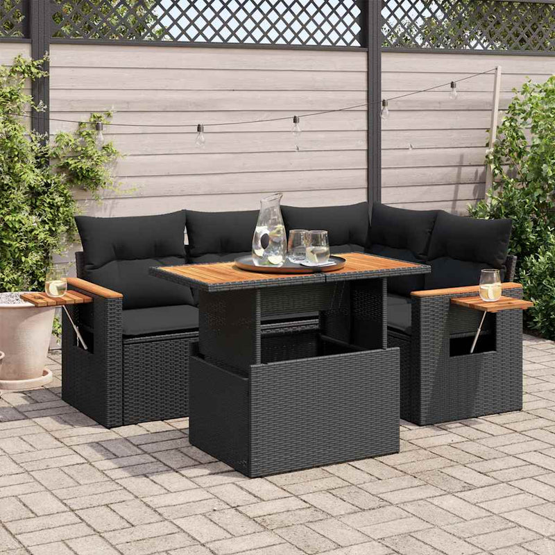 vidaXL 4 Piece Garden Sofa Set with Cushions Black Poly Rattan Acacia