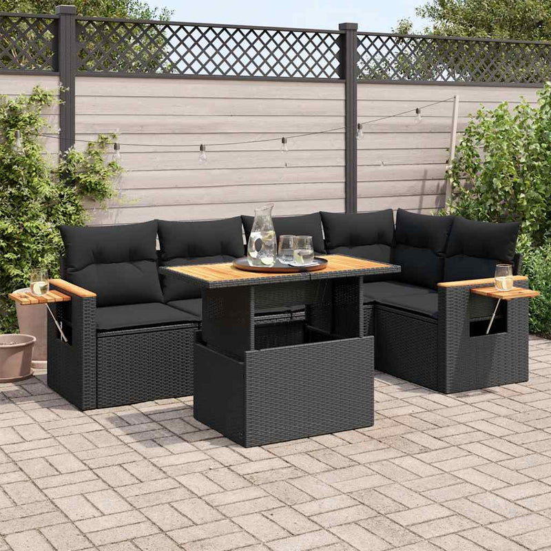 vidaXL 5 Piece Garden Sofa Set with Cushions Black Poly Rattan Acacia