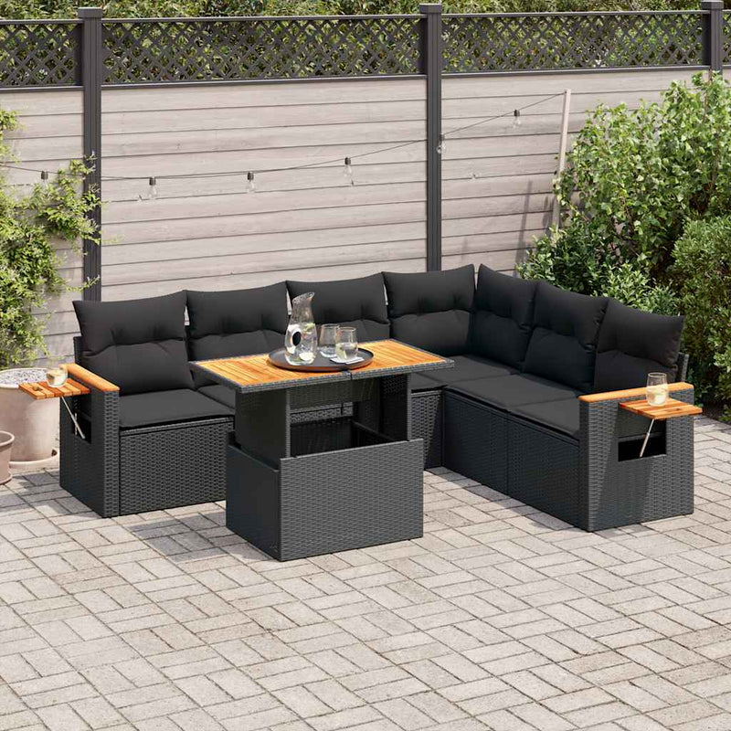 vidaXL 6 Piece Garden Sofa Set with Cushions Black Poly Rattan Acacia