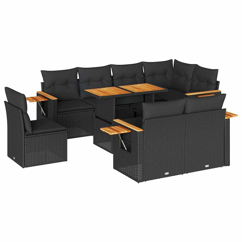vidaXL 9 Piece Garden Sofa Set with Cushions Black Poly Rattan Acacia
