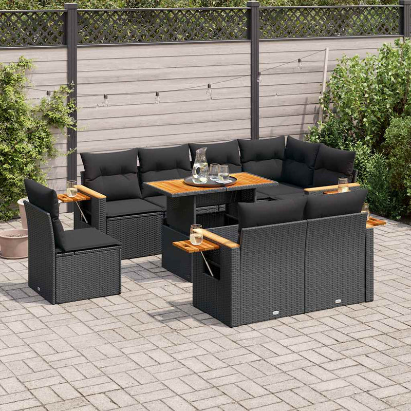 vidaXL 9 Piece Garden Sofa Set with Cushions Black Poly Rattan Acacia