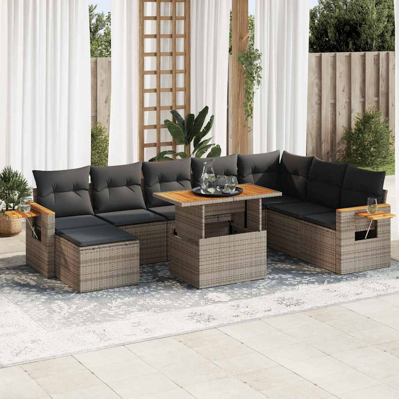 9 Piece Garden Sofa Set with Cushions Grey Poly Rattan Acacia