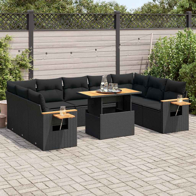 vidaXL 10 Piece Garden Sofa Set with Cushions Black Poly Rattan Acacia