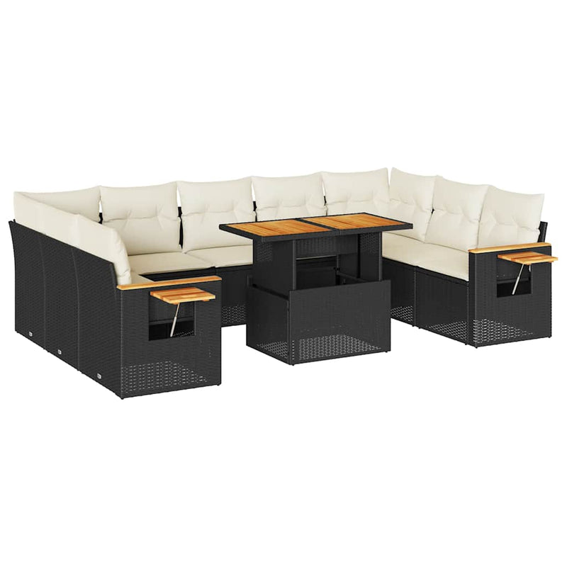 vidaXL 10 Piece Garden Sofa Set with Cushions Black Poly Rattan Acacia