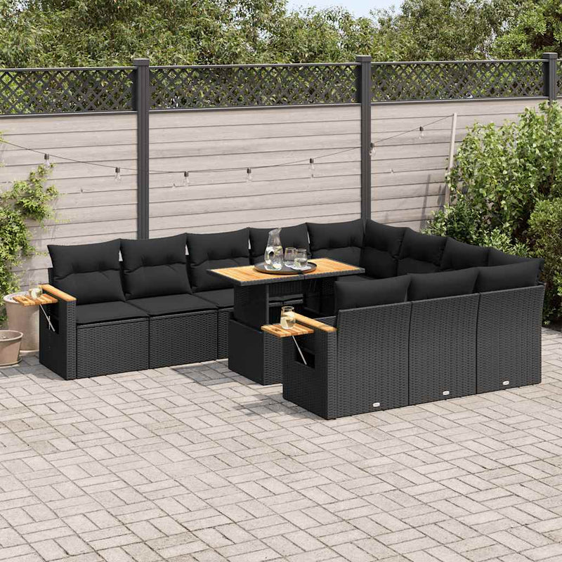 vidaXL 10 Piece Garden Sofa Set with Cushions Black Poly Rattan Acacia