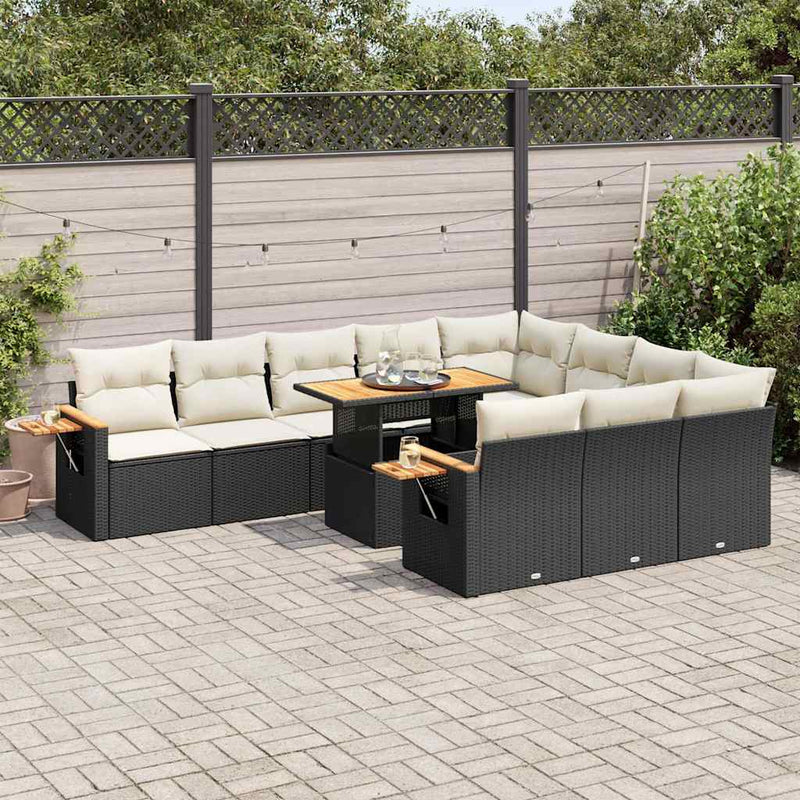 vidaXL 10 Piece Garden Sofa Set with Cushions Black Poly Rattan Acacia